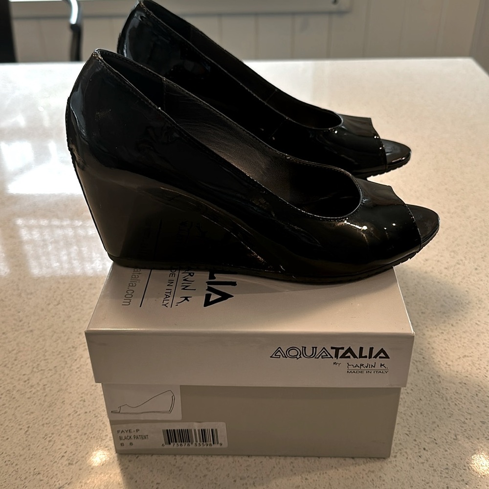 Aquatalia Patent Black Wedge Peep Toe Shoes 8